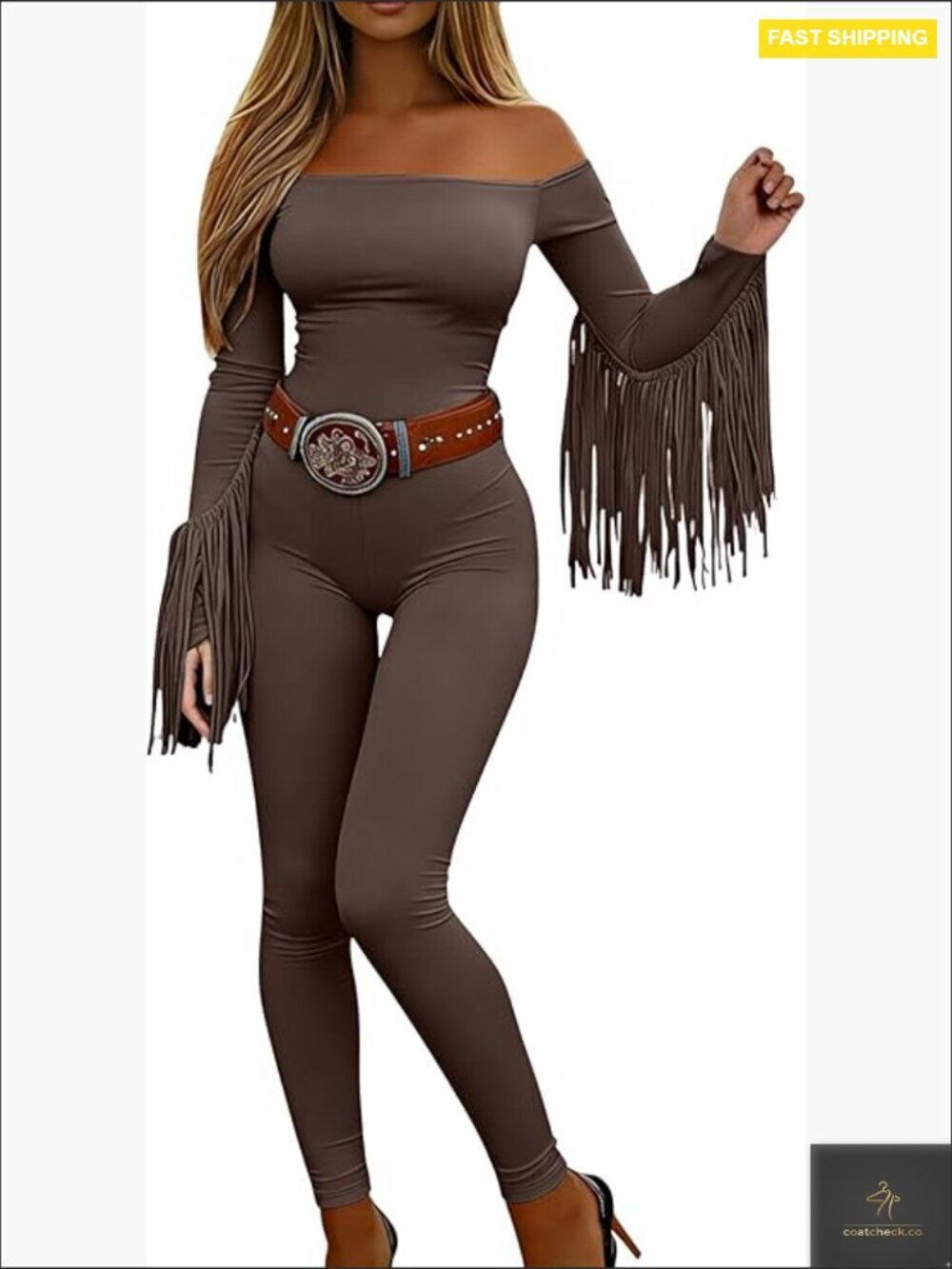 Western Fringe Jumpsuit Off Shoulder Long Sleeve Romper with Pockets